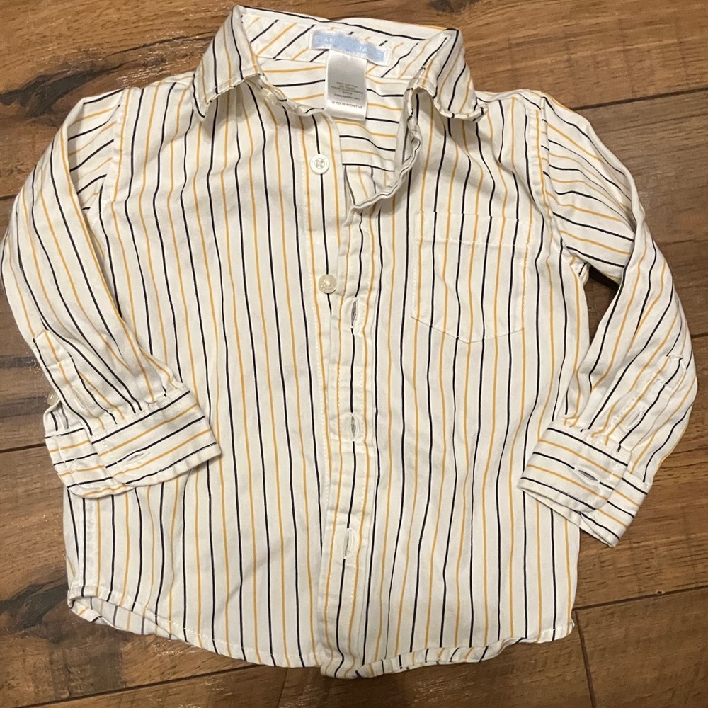 Janie and Jack Boys Button-Up Dress Shirt Striped Yellow Navy White 12–18 Months